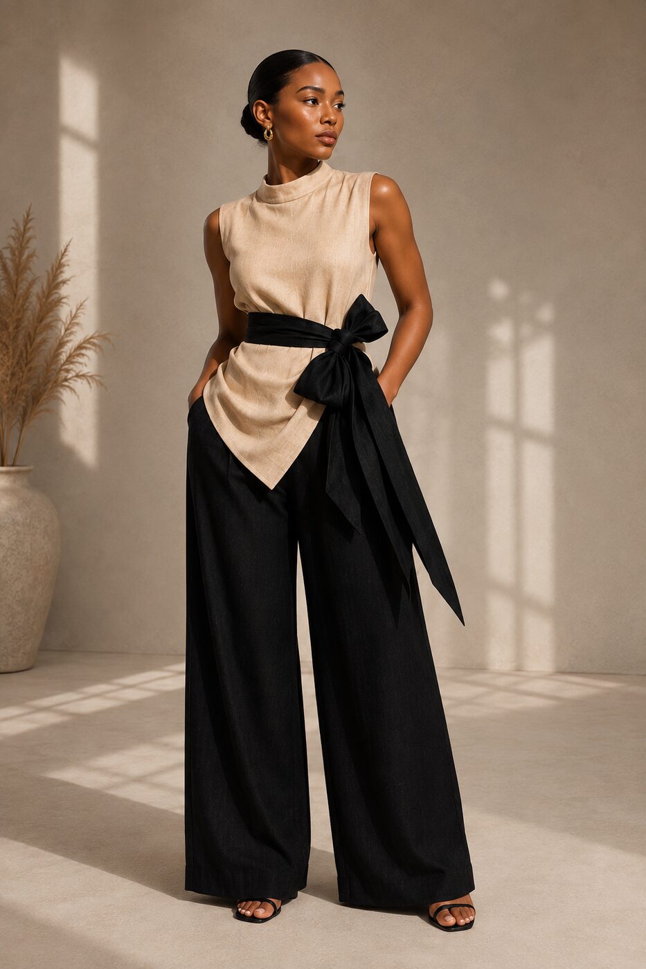 The Phaedra Set — beige mock neck top with black sash belt and wide leg pants, front view
