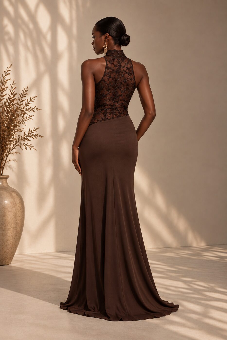THE DRAPED EMBER DRESS — back view, lace bodice detail