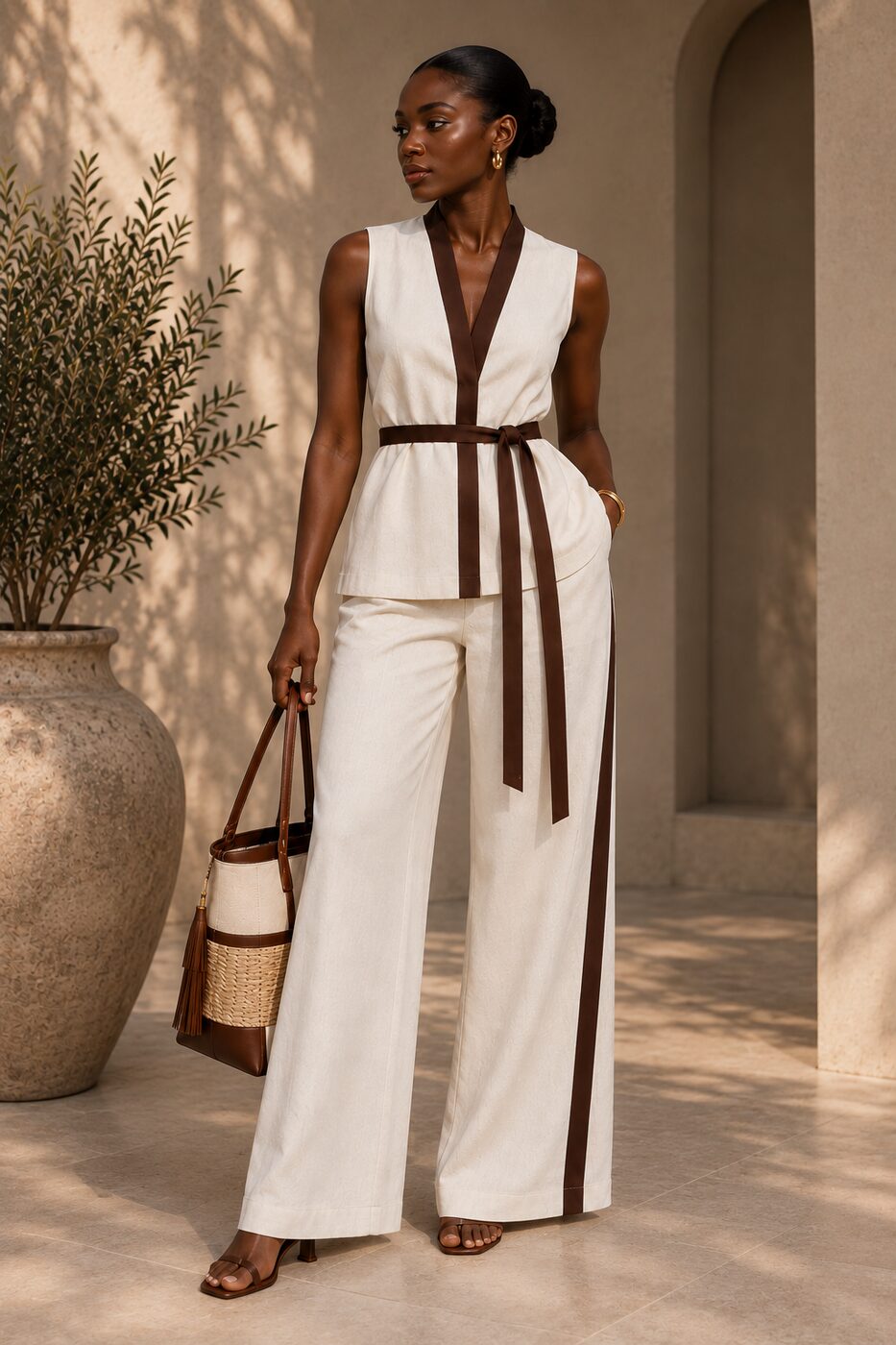 Phelliz Set — white linen co-ord with brown contrast trim, front view