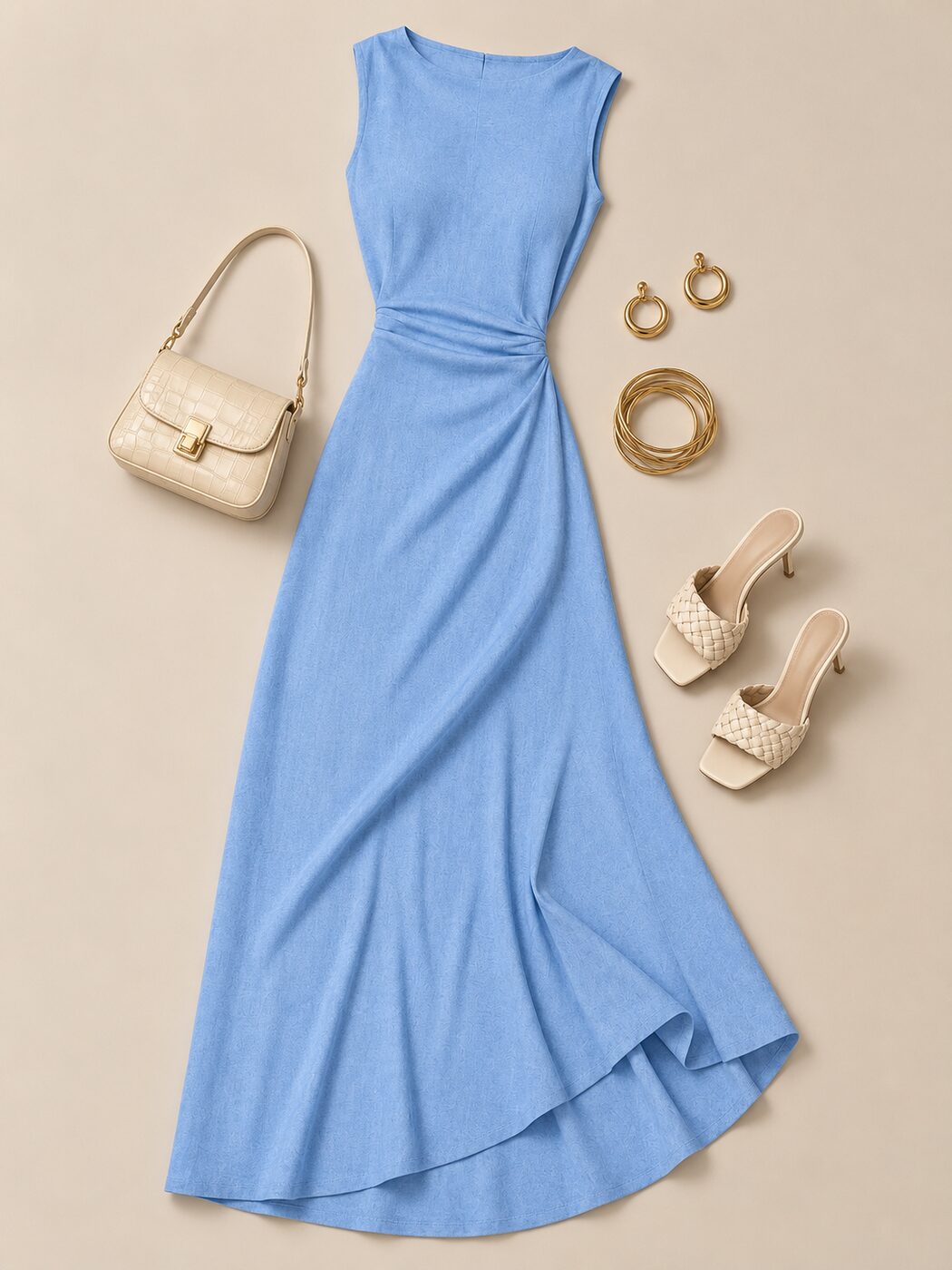 THE BLUE OPHELIA DRESS — styled flat lay with accessories
