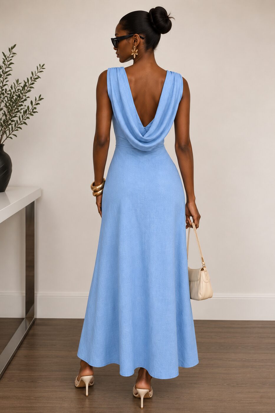 THE BLUE OPHELIA DRESS — draped cowl back