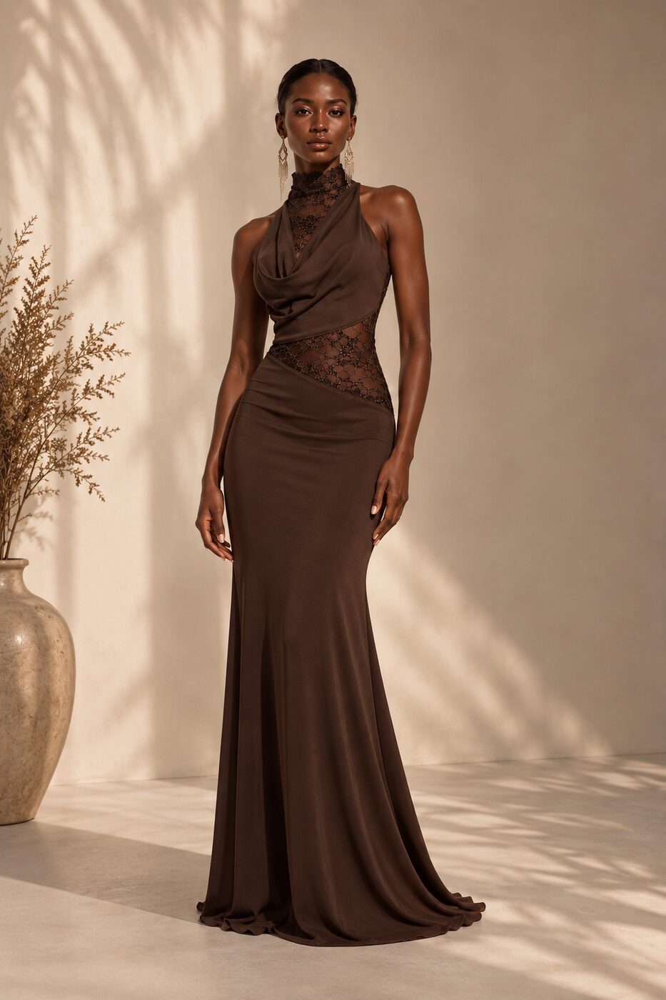 THE DRAPED EMBER DRESS — front view, chocolate brown lace halter gown