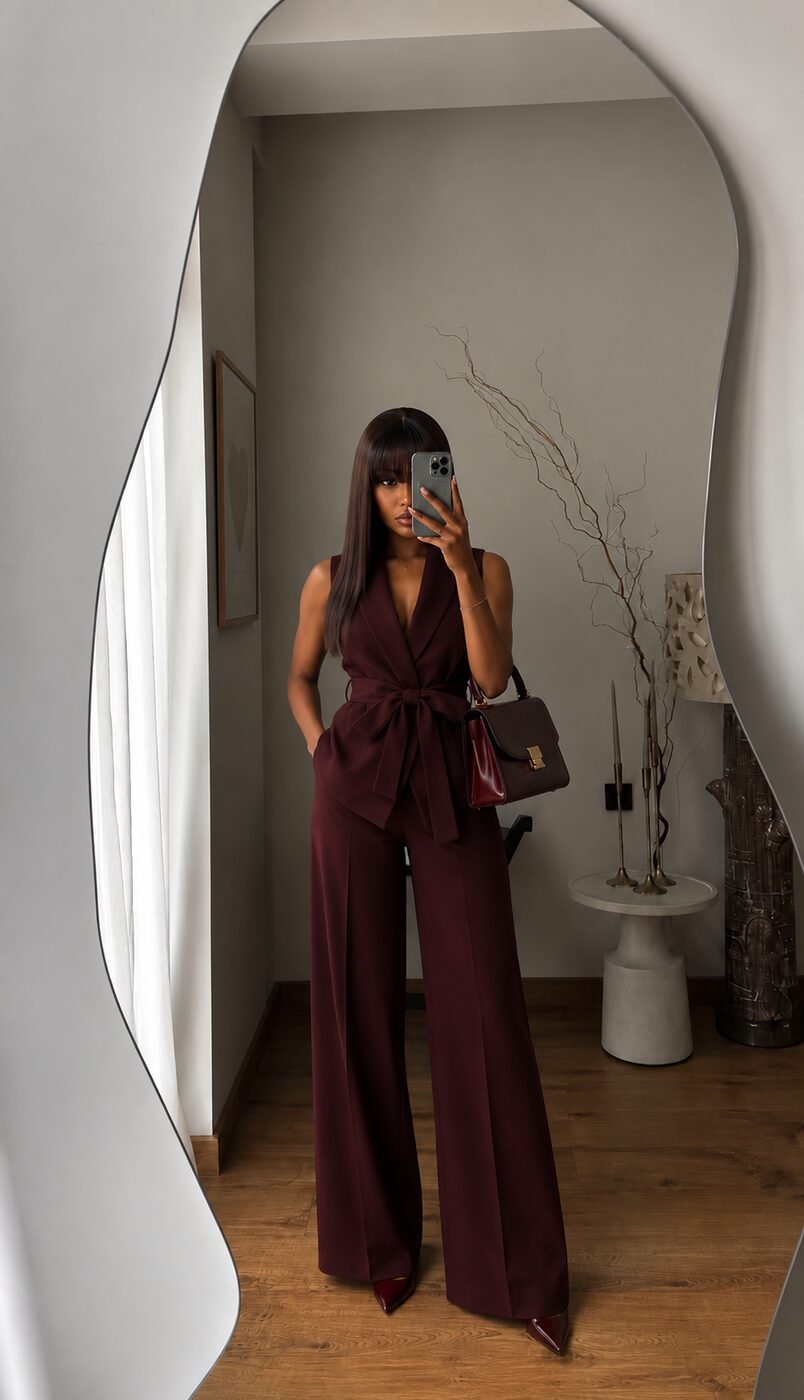 The Burgundy Set — sleeveless tie-waist vest and wide leg pants, front view