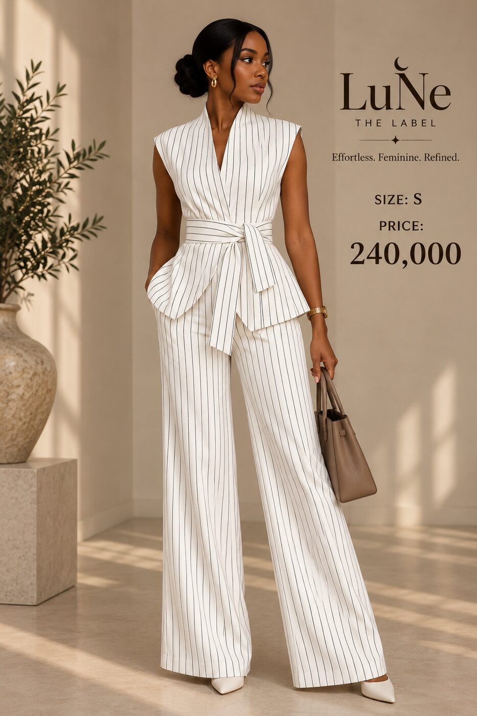White Chite Set — striped sleeveless wrap vest and wide leg pants, front view