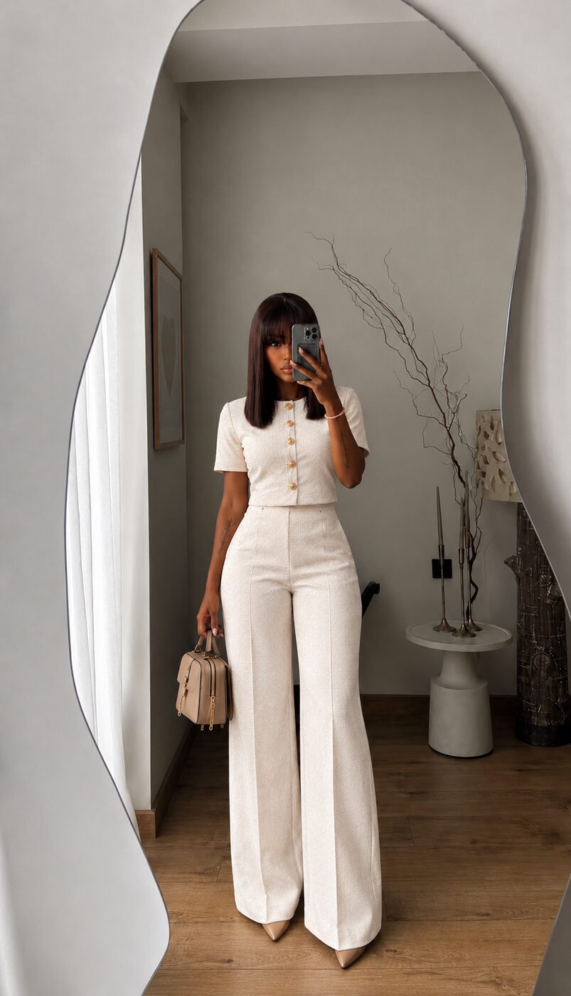 Phiona Set — ivory tweed co-ord with gold buttons, front view