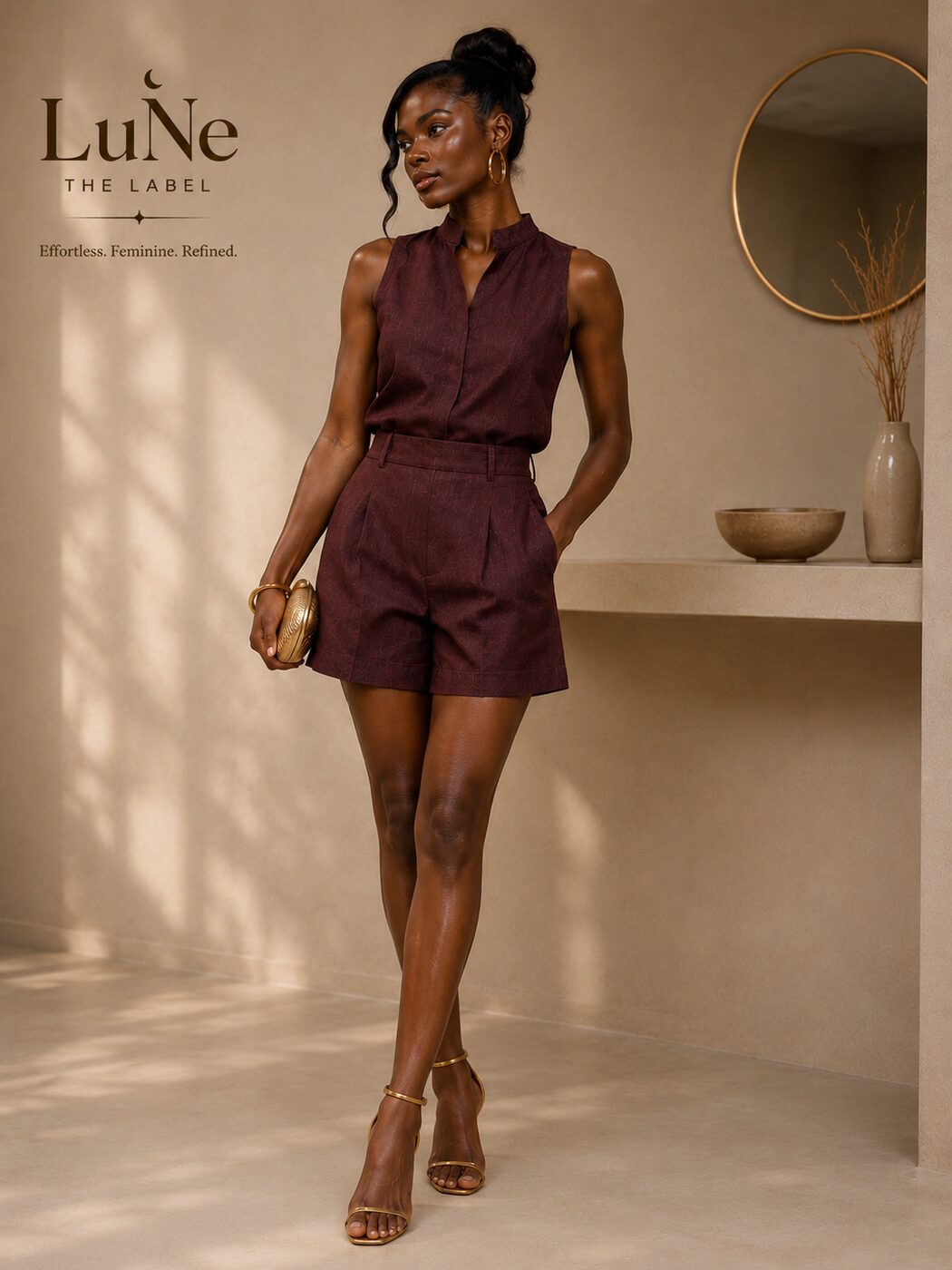 THE Linen Burgundy Shorts Set - front view
