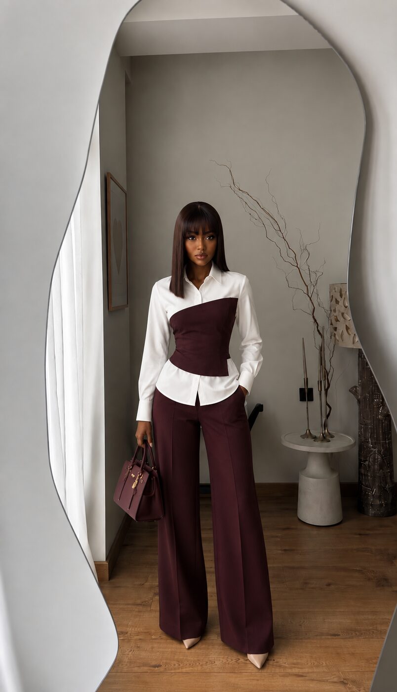 Burgundy Wineza Set — white shirt with burgundy corset and wide leg pants, front view